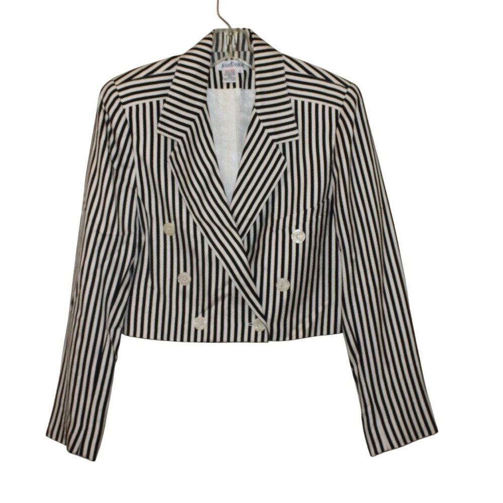 Ann Taylor cropped silk blazer Size 4 double breasted jacket black white striped